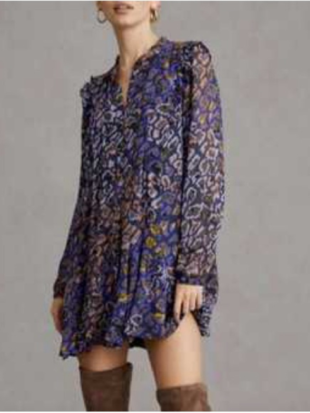 By Anthropologie purple cheetah animal print tunic dress folk long sleeve boho